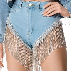 AKIRA Light Blue Denim High-Waist Shorts with Crystal Fringe